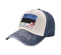 Custom Washed Jeans Hat with National Flag Print Detail Vintage Inspired Baseball Cap for Men and Women Outdoor Adventures Navy Blue One Size