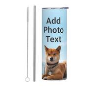 Custom Water Bottles with Photo Text Name Logo Personalised Drink Bottle with Straw, Lid Customised Stainless Steel Insulated Coffee Cup for Cold Hot Drinks School Travel Sport Office Gifts, 600ml