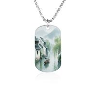 Custom Water Village in The Spring Rain Dog Tag Necklace 23.6" Chain Personalized Photo Pendant for Men Women Stainless Steel Memorial Picture Couple Necklace Jewelry Keepsake Bereavement Sympathy Gif