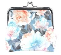 Custom Watercolor Peonies Roses Blue Leather Coin Purses & Pouches Cute Buckle Kiss Lock Small Change Purse, Watercolor Peonies Roses Blue, Classic