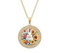 Custom Watercolor Rabbit And Flowers Picture Necklace Personalized Circle Chain Pendant Gold/Silver Photo Dog Tag Keepsake Necklaces Hip Hop Memorial Jewelry Gifts for Men Women, One Size, Titanium