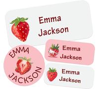 Custom Waterproof Name Labels - 135 Personalized Stickers for Clothing, Water Bottles, Lunch Boxes, and School Supplies. No-Iron, Ideal for Camp and Daycare. (Strawberry)