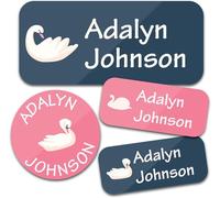 Custom Waterproof Name Labels - 135 Personalized Stickers for Clothing, Water Bottles, Lunch Boxes, and School Supplies. No-Iron, Ideal for Camp and Daycare. (Swan)