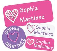 Custom Waterproof Name Labels - 135 Personalized Stickers for Clothing, Water Bottles, Lunch Boxes, and School Supplies. No-Iron, Ideal for Camp and Daycare. (Heart)