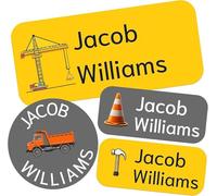 Custom Waterproof Name Labels - 135 Personalized Stickers for Clothing, Water Bottles, Lunch Boxes, and School Supplies. No-Iron, Ideal for Camp and Daycare. (Construction)