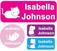 Custom Waterproof Name Labels - 135 Personalized Stickers for Clothing, Water Bottles, Lunch Boxes, and School Supplies. No-Iron, Ideal for Camp and Daycare. (Kitten)