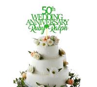 Custom Wedding Anniversary with Both Names, Golden Wedding Anniversary Any year any Name Personalised Cake Topper Glitter Card (GLITTER GREEN)