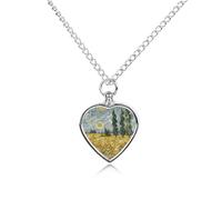 Custom Wheat Fields And Cypress Trees Urn Necklaces for Ashes Memorial Pet Necklace with Filling Kit Adjustable 27.6" Chain Funerary Cremation Jewelry Keepsake Heart Pendant for Beloved Dogs & Cats
