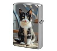 Custom White and Black Kitten Sitting Lighter Case Personalized Metal Lighter Cover Holder Reusable Shockproof Protective Lighters Without Insert Gift for Men Women Dad Husband
