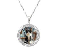 Custom White And Black Kitten Sitting Picture Necklace Personalized Circle Chain Pendant Gold/Silver Photo Dog Tag Keepsake Necklaces Hip Hop Memorial Jewelry Gifts for Men Women, One size, Titanium