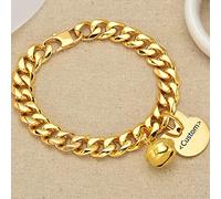 Custom White Cat Dog Collar Kitten Puppy Wide Stainless Steel Kitten Choker Curb Adjustable Chew Proof Cuban Link 1/2inch Chain with Gold Heart Tag Bell Personalized Qrcode ID tag