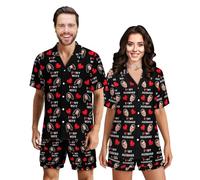 Custom Wife Husband's Face Pajamas Set for Men Women Personalized Photo Short Sleeve Button Down 2 Piece Sleepwear Pjs I Love My Wife I Love My Husband Lounge Heart Sleepwear Sets for Lover Christmas