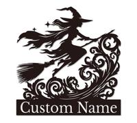 Custom Witch Metal Wall Art - Personalized Moon Witch Riding Broom Name Sign, Enchanting Design, Unique Wall Decor for Halloween, Fantasy Lovers