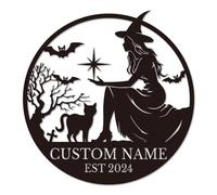 Custom Witch & Owl Metal Wall Art, Personalized Moon Witch Riding Broom Name Sign, Enchanting Design, Unique Halloween Wall Decor for Fantasy Lovers