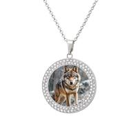 Custom Wolf Picture Necklace Personalized Circle Chain Pendant Gold/Silver Photo Dog Tag Keepsake Necklaces Hip Hop Memorial Jewelry Gifts for Men Women, One size, Titanium Steel, Rhinestone