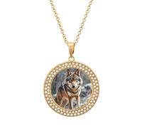 Custom Wolf Picture Necklace Personalized Circle Chain Pendant Gold/Silver Photo Dog Tag Keepsake Necklaces Hip Hop Memorial Jewelry Gifts for Men Women, One size, Titanium Steel, Rhinestone