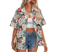Custom Women Hawaiian Button Down Shirts with Face Personalized Photo Funny Beach Shirts Floral Tropical Summer Blouse Top