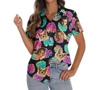 Custom Women Hawaiian Button Down Shirts with Face Personalized Photo Funny Beach Shirts Floral Tropical Summer Blouse Top