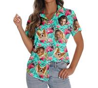 Custom Women Hawaiian Button Down Shirts with Face Personalized Photo Funny Beach Shirts Floral Tropical Summer Blouse Top