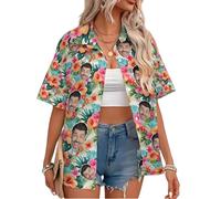 Custom Women Hawaiian Button Down Shirts with Face Personalized Photo Funny Beach Shirts Floral Tropical Summer Blouse Top