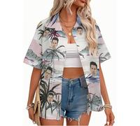 Custom Women Hawaiian Button Down Shirts with Face Personalized Photo Funny Beach Shirts Floral Tropical Summer Blouse Top