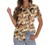 Custom Women Hawaiian Button Down Shirts with Face Personalized Photo Funny Beach Shirts Floral Tropical Summer Blouse Top