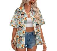 Custom Women Hawaiian Button Down Shirts with Face Personalized Photo Funny Beach Shirts Floral Tropical Summer Blouse Top