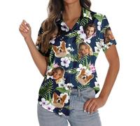 Custom Women Hawaiian Button Down Shirts with Face Personalized Photo Funny Beach Shirts Floral Tropical Summer Blouse Top