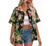 Custom Women Hawaiian Button Down Shirts with Face Personalized Photo Funny Beach Shirts Floral Tropical Summer Blouse Top