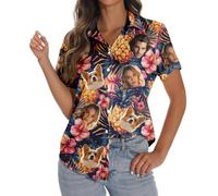 Custom Women Hawaiian Button Down Shirts with Face Personalized Photo Funny Beach Shirts Floral Tropical Summer Blouse Top