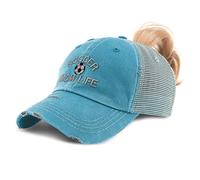 Custom Womens Ponytail Cap Soccer Mom Life Mommy Cotton Distressed Trucker Caps, Turquoise Design Only, One Size