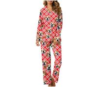 Custom Womens Pyjamas Photo Face Personalized Pjs Set Two Piece, Funny Loungewear Pjs, Long Sleeve Sleepwear, Personalised Pet Photo Face Pajamas Pants for Women Teenager Watermelon Red