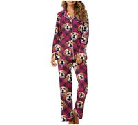 Custom Womens Pyjamas Photo Face Personalized Pjs Set Two Piece, Funny Loungewear Pjs, Long Sleeve Sleepwear, Personalised Pet Photo Face Pajamas Pants for Women Teenager