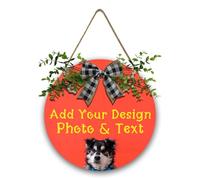 Custom Wreath Wood Sign Add Photo Text Name Personalised Hanging Plaque with Flower, Bow for Welcome Front Door Decoration Round Wall Art for Outdoor Porch Farmhouse Patio Garden Bedroom, 30x30cm