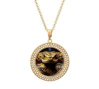 Custom Yellow Snake Picture Necklace Personalized Circle Chain Pendant Gold/Silver Photo Dog Tag Keepsake Necklaces Hip Hop Memorial Jewelry Gifts for Men Women, One size, Titanium Steel, Rhinestone
