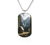 Custom Yosemite Valley Waterfall Dog Tag Necklace 23.6" Chain Personalized Photo Pendant for Men Women Stainless Steel Memorial Picture Couple Necklace Jewelry Keepsake Bereavement Sympathy Gifts