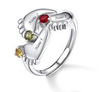 Custom4U Baby Feet Rings for Mum Personalised Birthstone Mother's Ring Custom Engraved Names Ring Mother Jewelry Gift for Birthday Anniversary