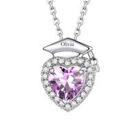 Custom4U Customised Graduation Necklace with June Birthstone Name Engraving Pendant Heart Bachelor's Hat Necklace for Friends Classmates High School University Graduation Jewellery