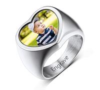 Custom4U Engraved Picture Ring Customised Heart Pinky Ring Stainless Steel Plain Heart Signet Rings Wrap Present