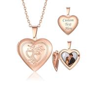 Custom4U Heart Locket Necklace with Photo Inside, Rose Gold Personalised Photo Necklaces Engraved Text Name Custom Picture Memory Jewellery Gift for Mum Women Birthday Christmas