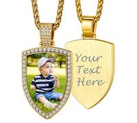 Custom4U Mens Shiled Pendent Neckless Picture Men Custom Necklaces 5 Cubic Zirconia Picture Charm Necklace
