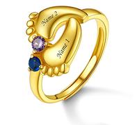 Custom4U Personalised Baby Feet Rings Gold Plated Engraved 2 Names and Birthstones Ring for Mum Mom Mother Mummy Mother's Day Birthday