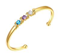 Custom4U Personalised Bangle for Women 3 Birthstones Bracelet Engraving Brass Adjustable Open Bangle Mother Daughter Jewellery Gifts for Birthday, Anniversary,