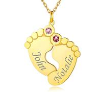 Custom4U Personalised Birthday Necklace for Mum Engraved Necklace for Daughter Lovely Baby Feet Pendant with Baby Kids Name or Date