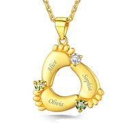 Custom4U Personalised Birthstone Necklace Personalised Necklace, Gold Plated 925 Sterling Silver Baby Feet 2 Birthstones & Names Custom Necklace for Mum Grandma