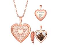Custom4U Personalised Heart Locket Necklace with Photo Inside, Rose Gold Photo Necklaces Engraved Text Name Custom Picture Memory Locket Gift for Mum Women Birthday Christmas