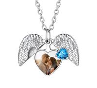 Custom4U Personalised Locket Necklace - Angel Wings & Rose Flower Heart Photo Locket with Birthstone & Engraving, Picture Pendant Adjustable Chain Memorial Gift for Women