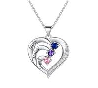 Custom4U Personalised Name Necklace for Mum Heart Pendant with 3 Birthstone Silver Family Necklace Gifts for Mum Grammar Birthday Christmas Mother’s Day