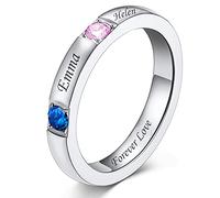 Custom4U Personalised Silver Birthstone Rings for Mum -Custom 2 Name Finger Ring Gift for Her Birthday Christmas