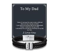 Custom4U Personalized Braided Leather Bracelet for Men, Custom Name Bracelets with 5 Names s Engraved Stainless Steel Beads Jewelry Gifts To My Dad for Father Birthday Anniversary